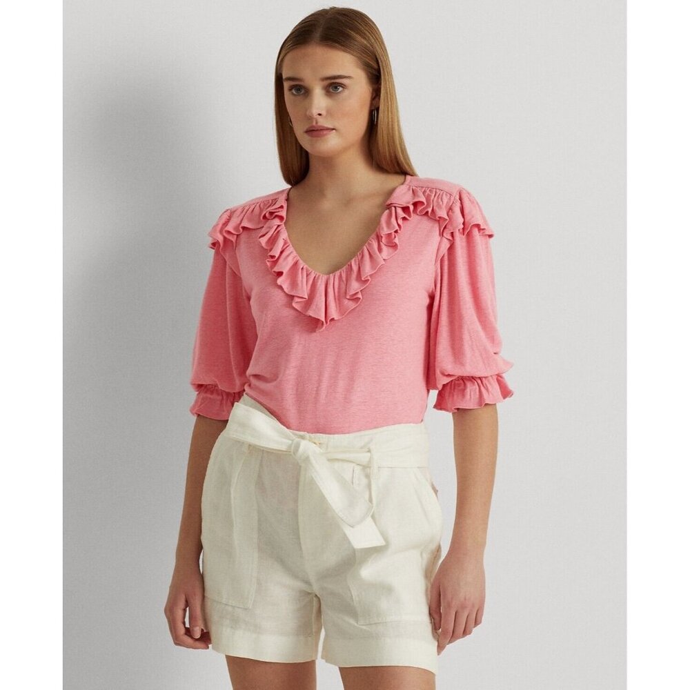 LAUREN RALPH LAUREN Women's Ruffle-Trim Jersey Top Pink Size S MSRP $115